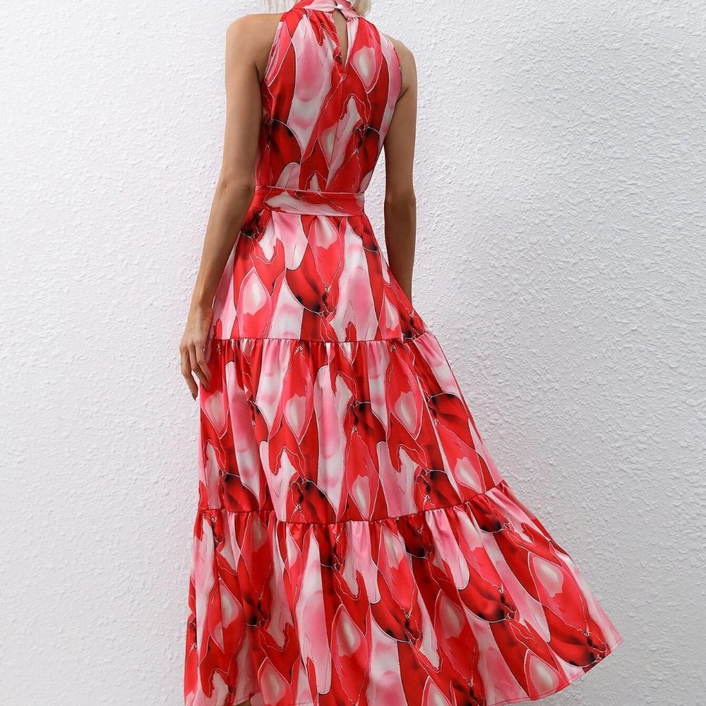 Red Preppy Womens Allover Print Ruffle Hem Belted Halter Dress - Picture 2 of 5